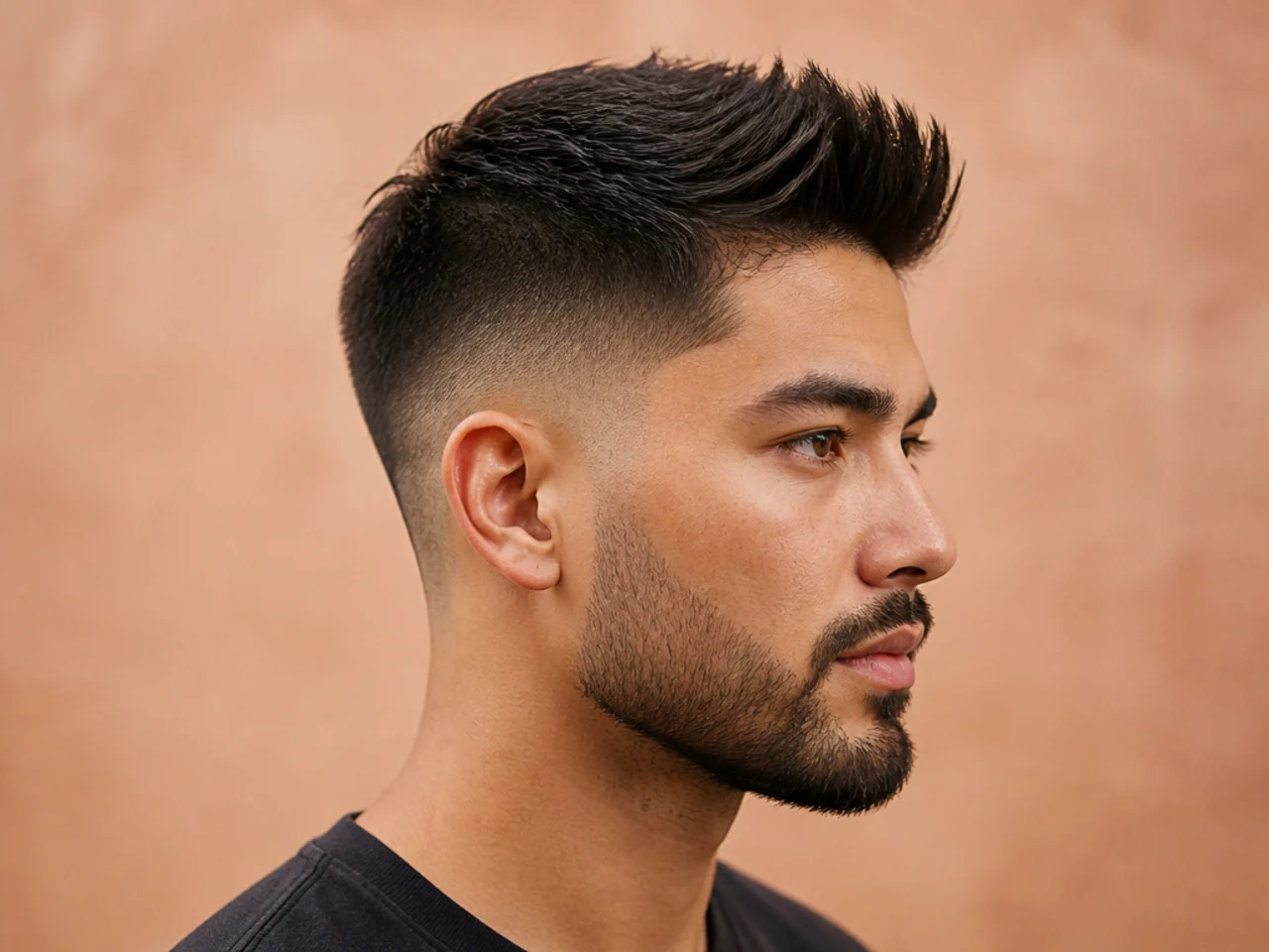Thick brushed-up top with vertical volume over a low skin fade
