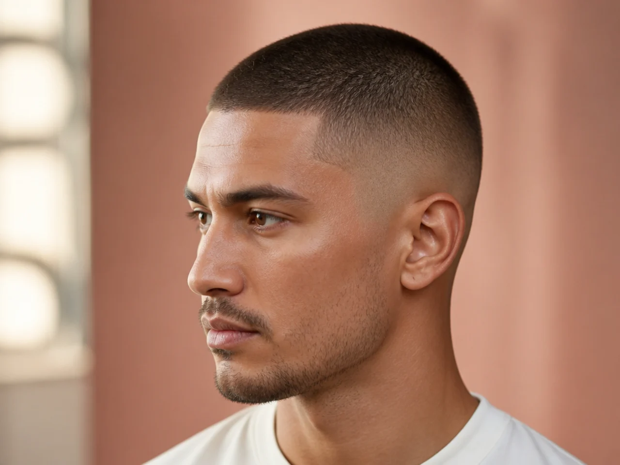Buzz cut at a 3 guard blended into a low skin fade