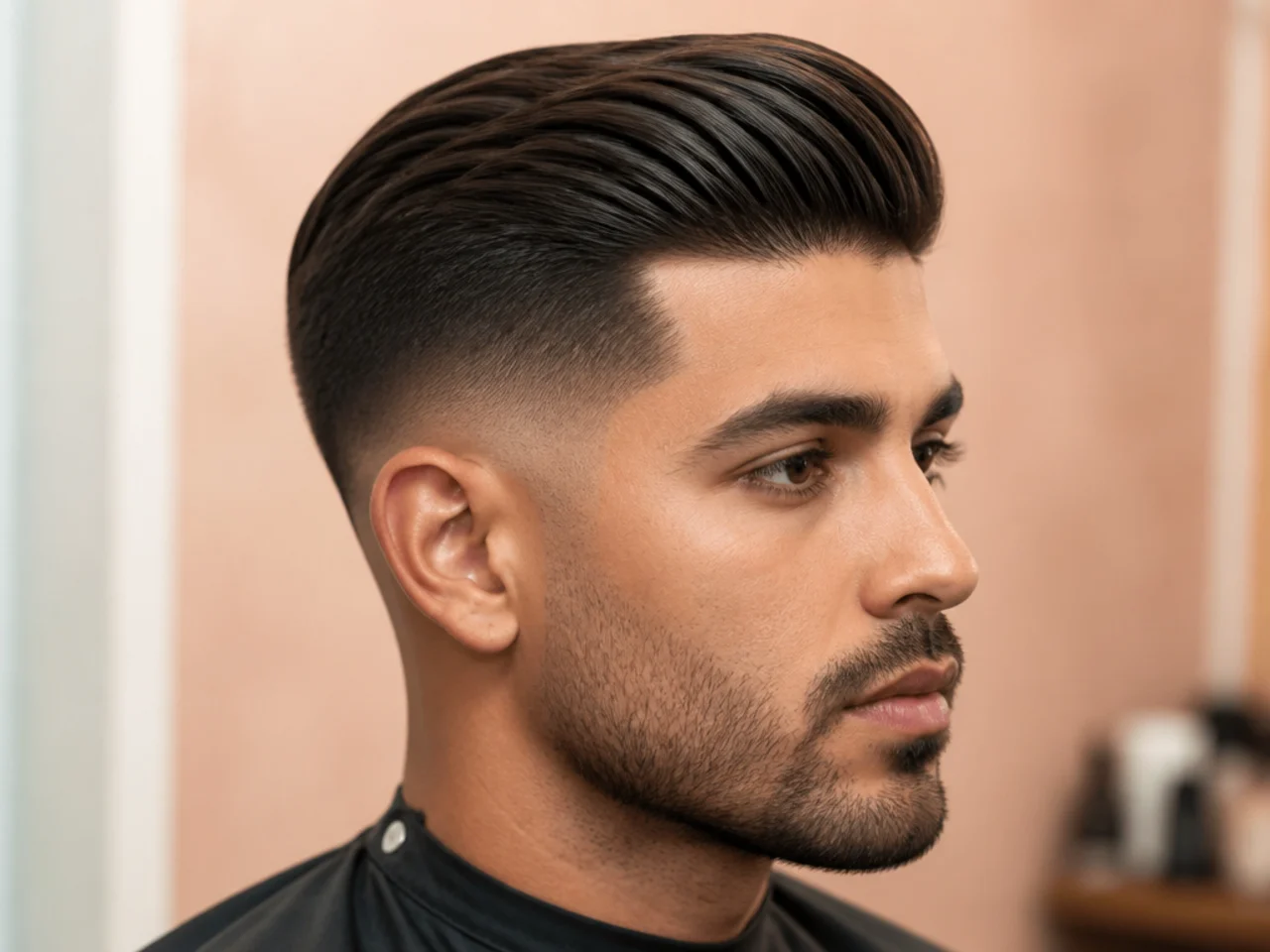 Classic comb over swept across the head over a low fade with a hard part