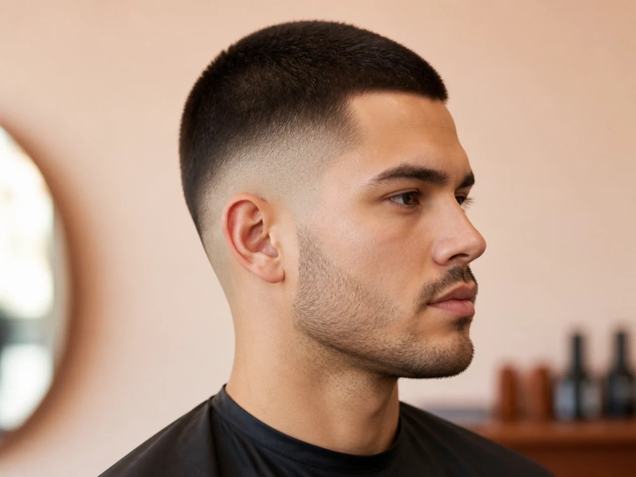 Traditional crew cut over a low fade with tapered length toward the crown