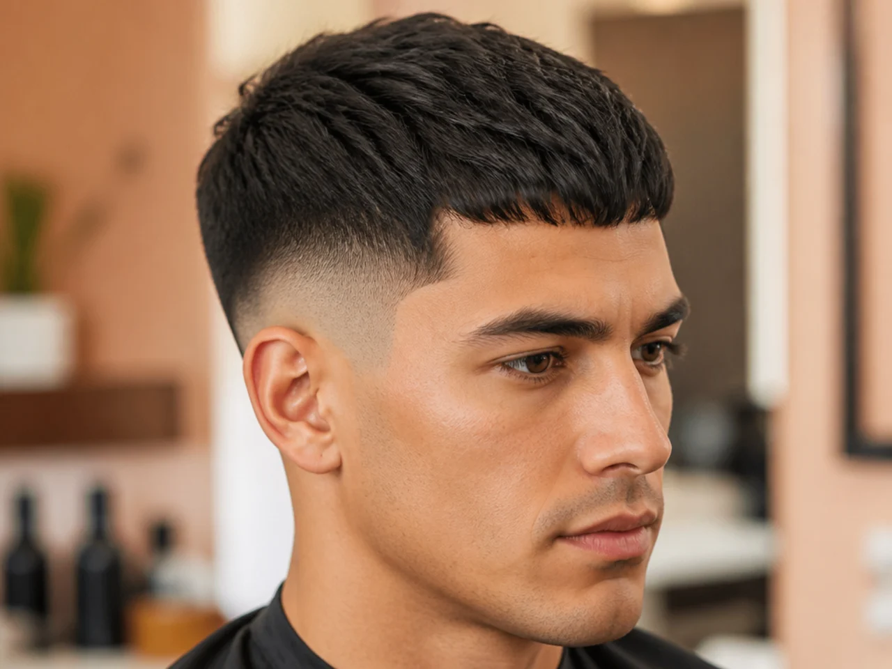 French crop with a blunt fringe over a mid skin fade