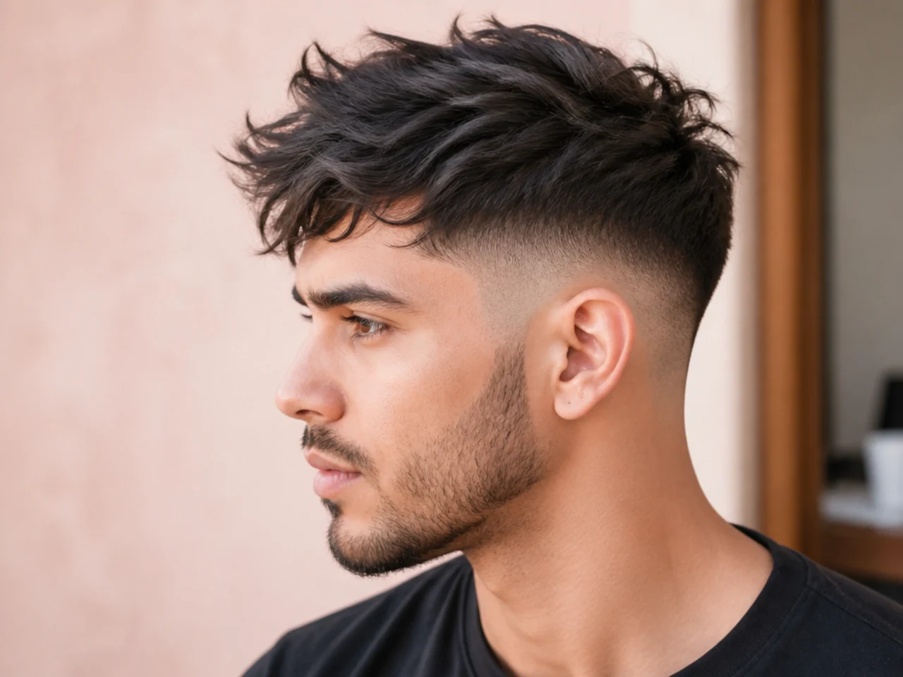 Messy tousled top with visible movement over a low taper fade
