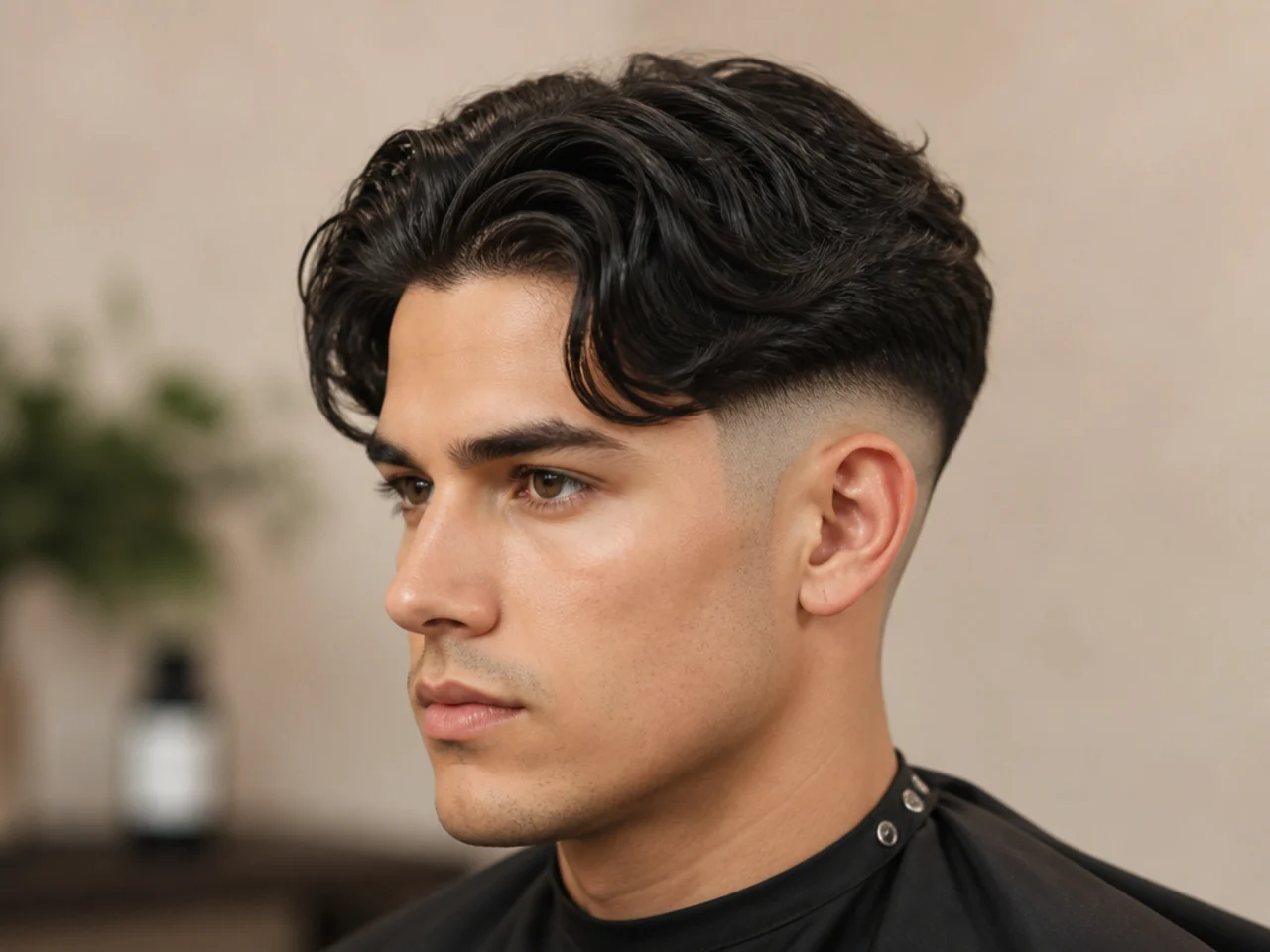 Curtain middle part over a low taper fade with medium length on top
