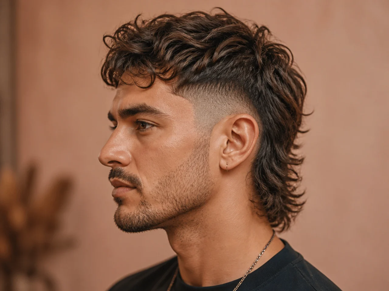 Modern mullet with a low fade at the sides and length past the collar