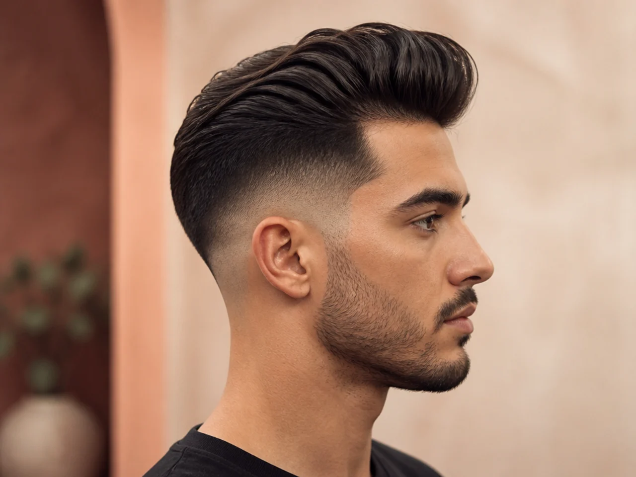 Classic pompadour with height at the front swept back over a low skin fade