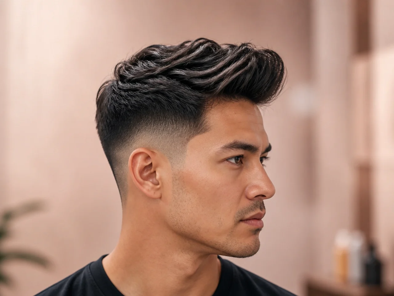 Textured quiff swept up and back over a mid fade