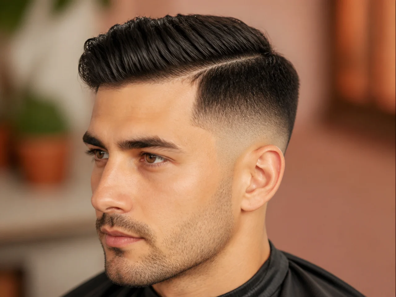 Side part with a low fade and two and a half inches of length on top