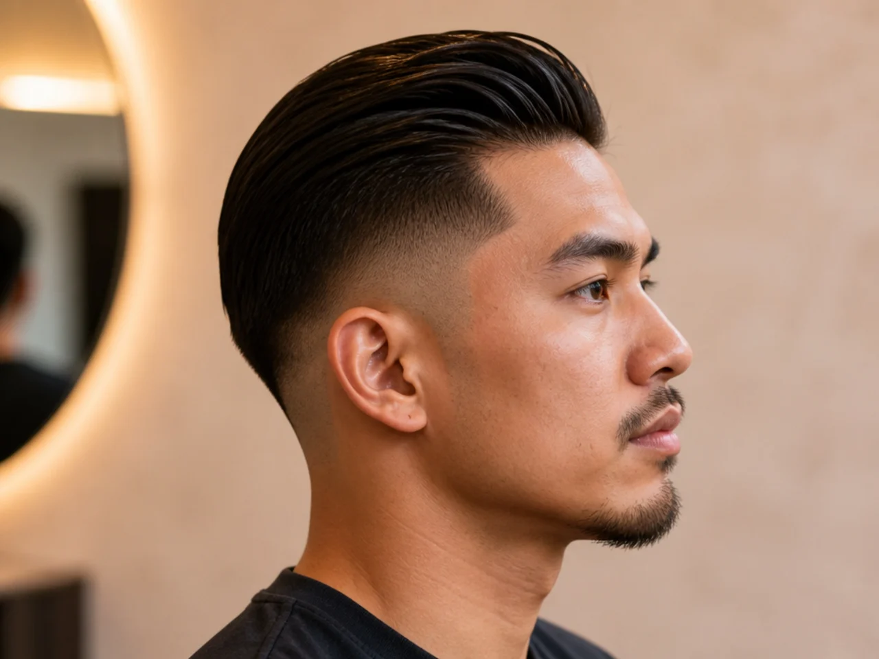 Slicked-back top over a mid skin fade with high shine finish