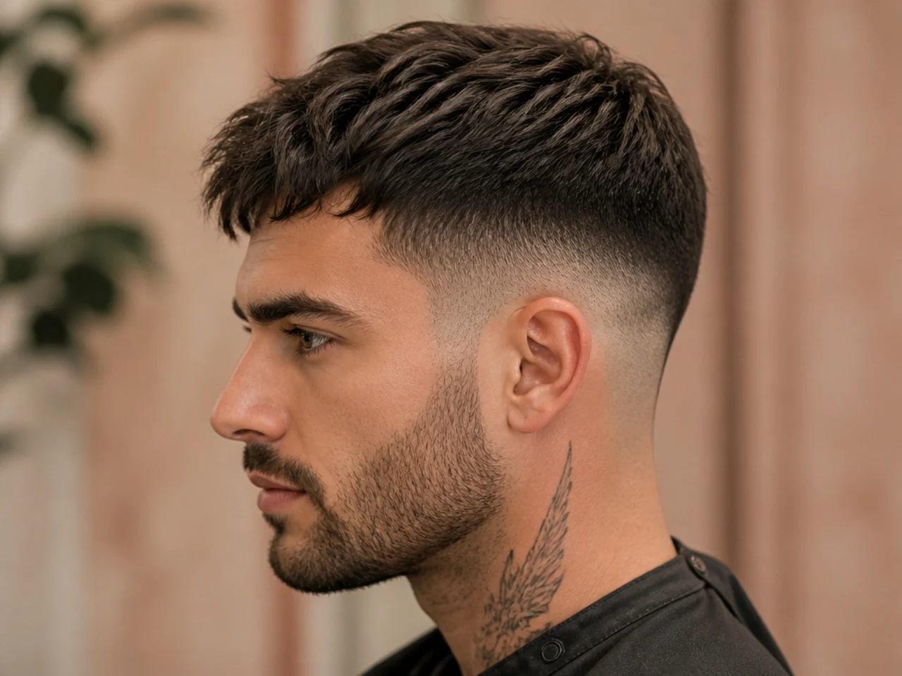 Textured crop with choppy pieces and a wispy fringe over a low fade