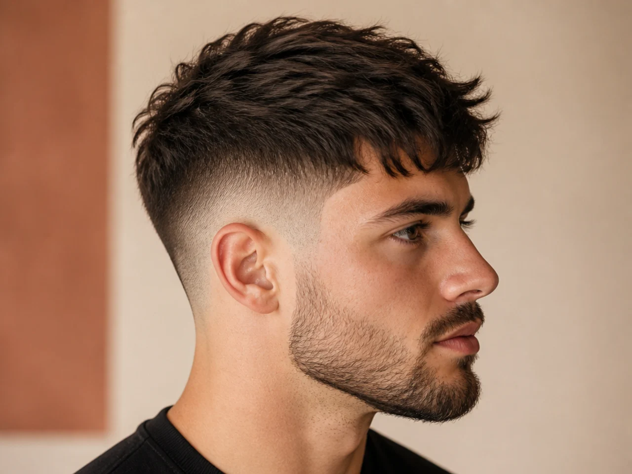 Textured fringe brushed forward and down over a mid taper fade
