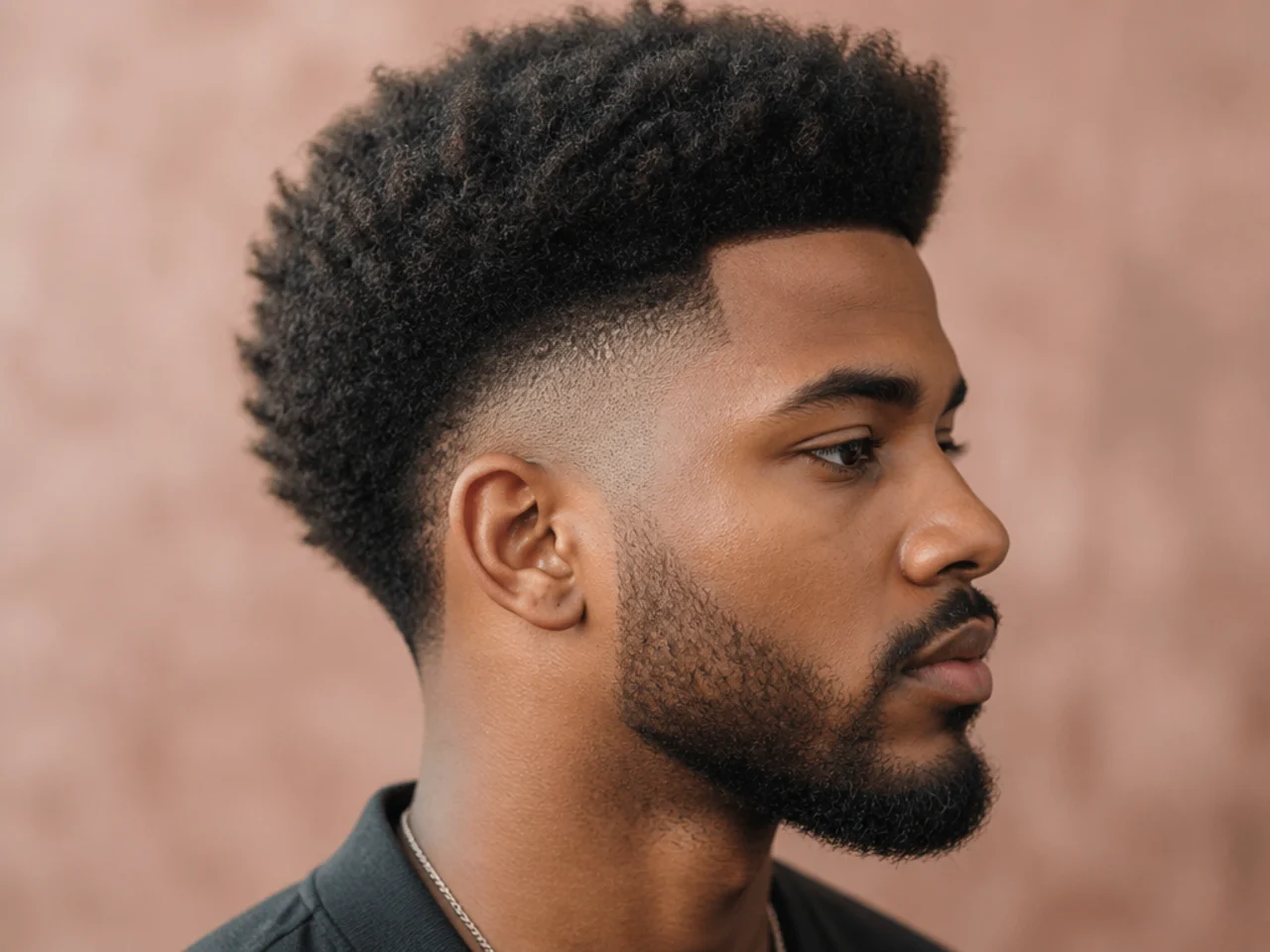 Rounded afro shape lifted over a burst fade around the ear