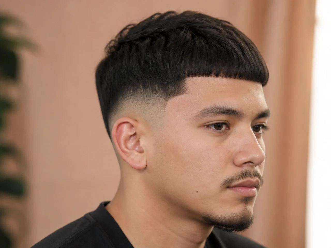 Edgar cut with a straight blunt fringe over a mid skin fade