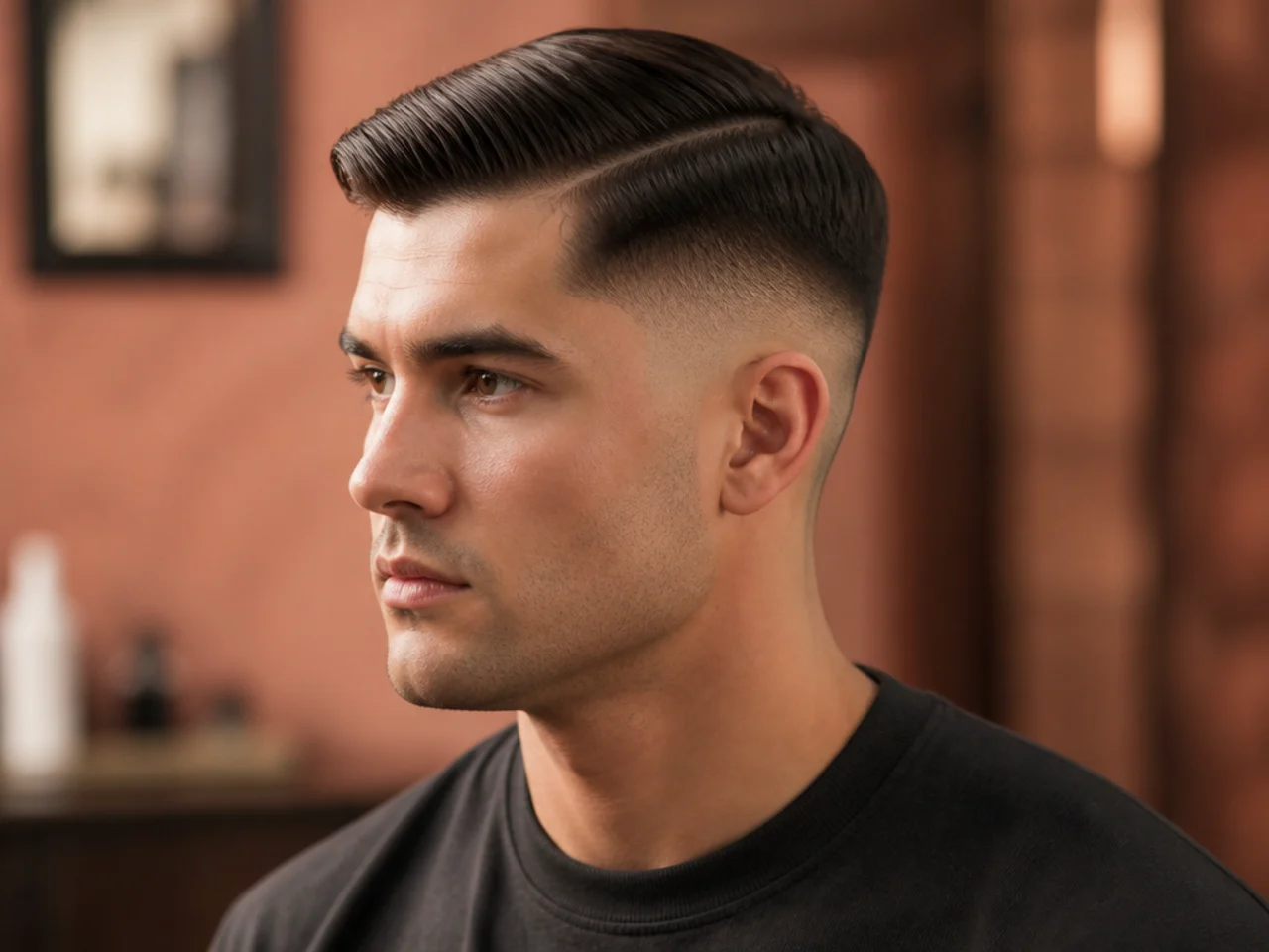 Ivy League haircut side-parted over a low fade