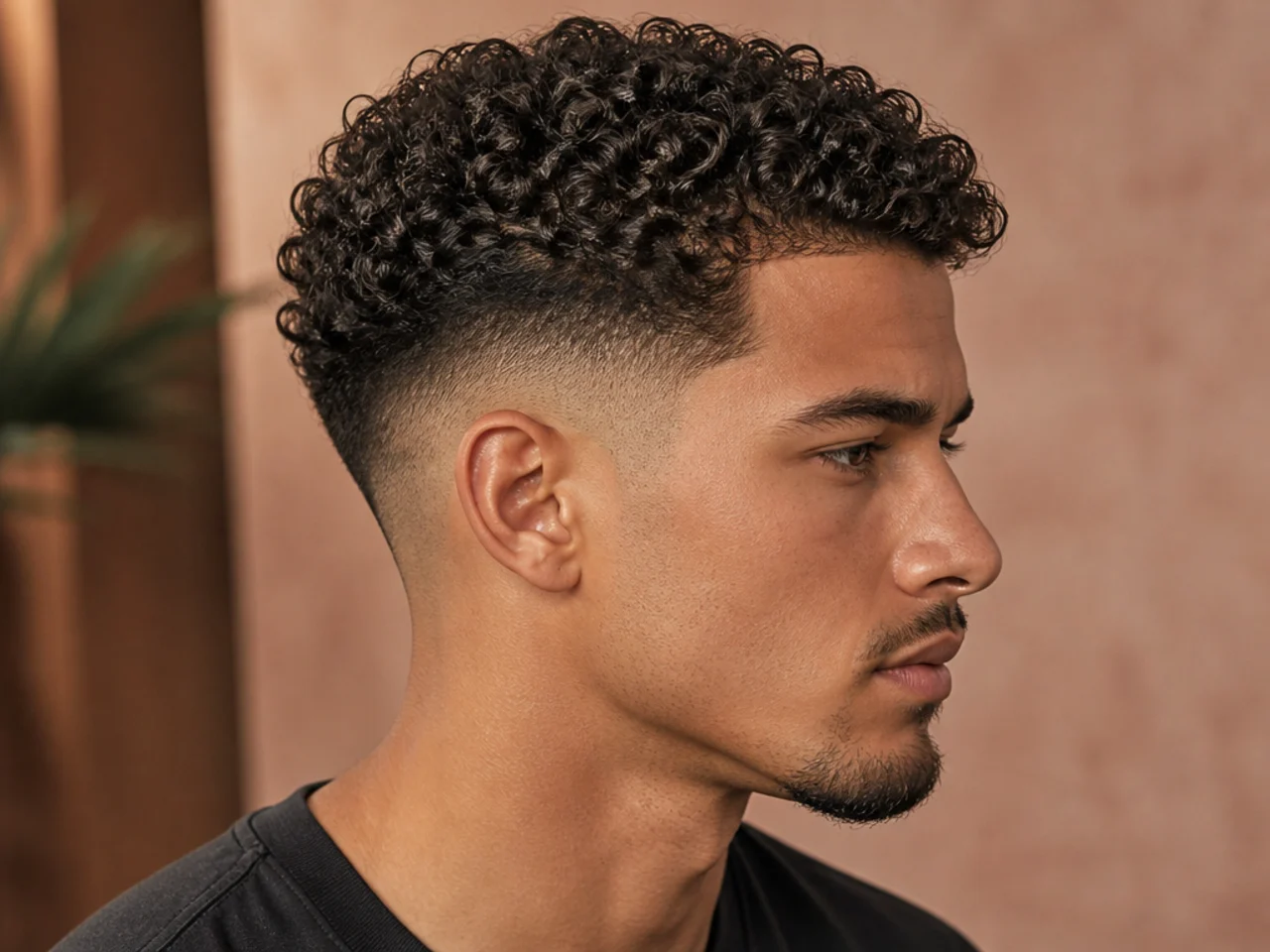 Curly top left long and defined over a low drop fade