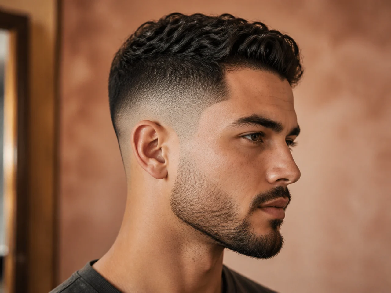 High fade with the shortest point sitting near the crown and a short textured top
