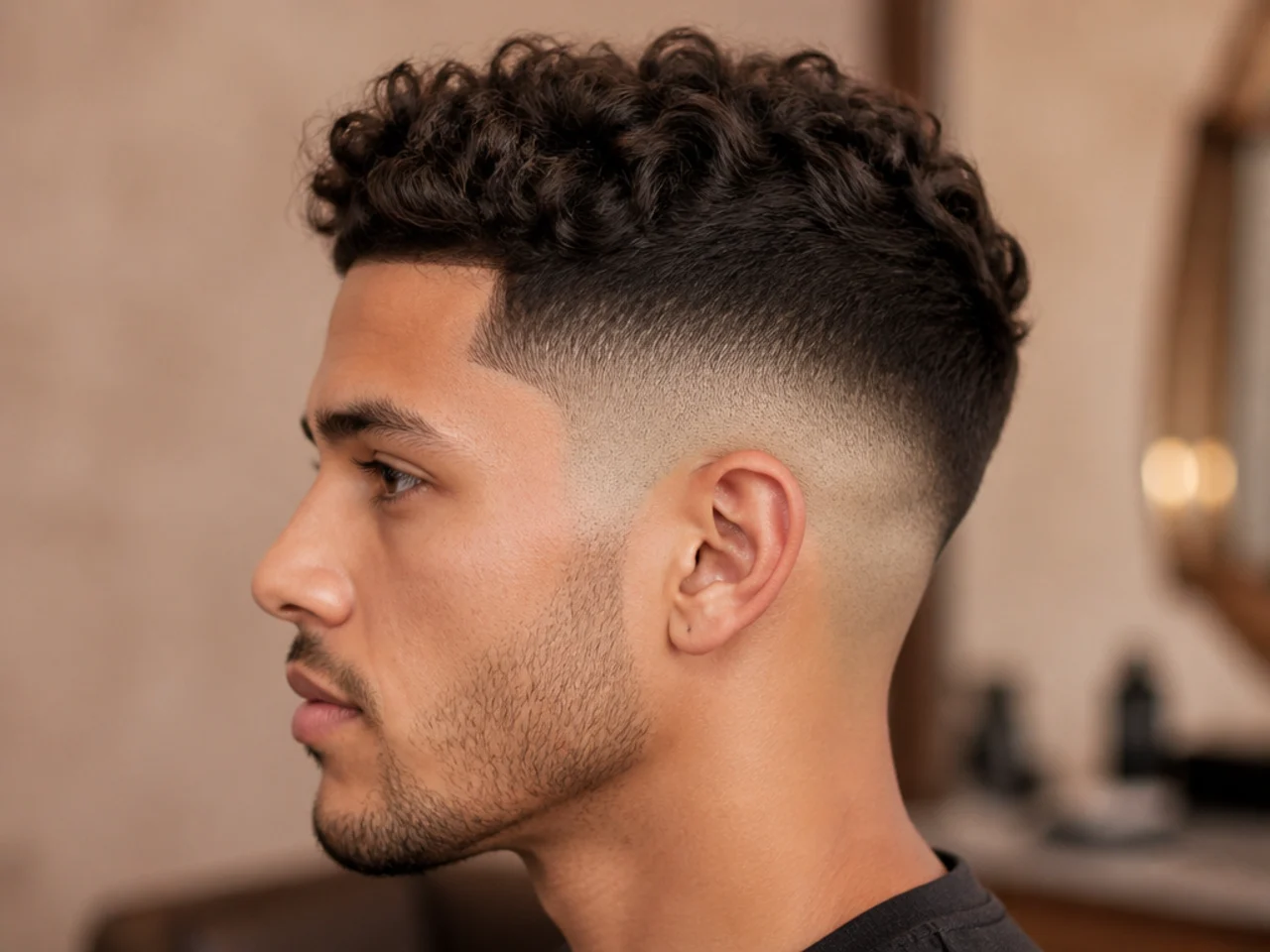 High taper fade with the transition rising above the temple
