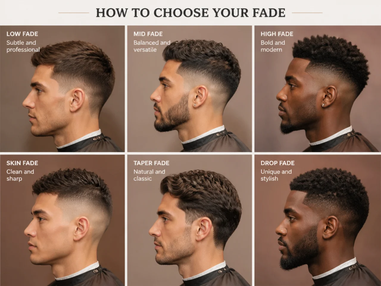 Three men with low, mid, and high fades photographed side by side