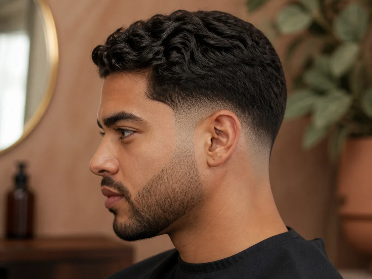 Low taper fade with a soft blend around the ear and nape and two inches on top