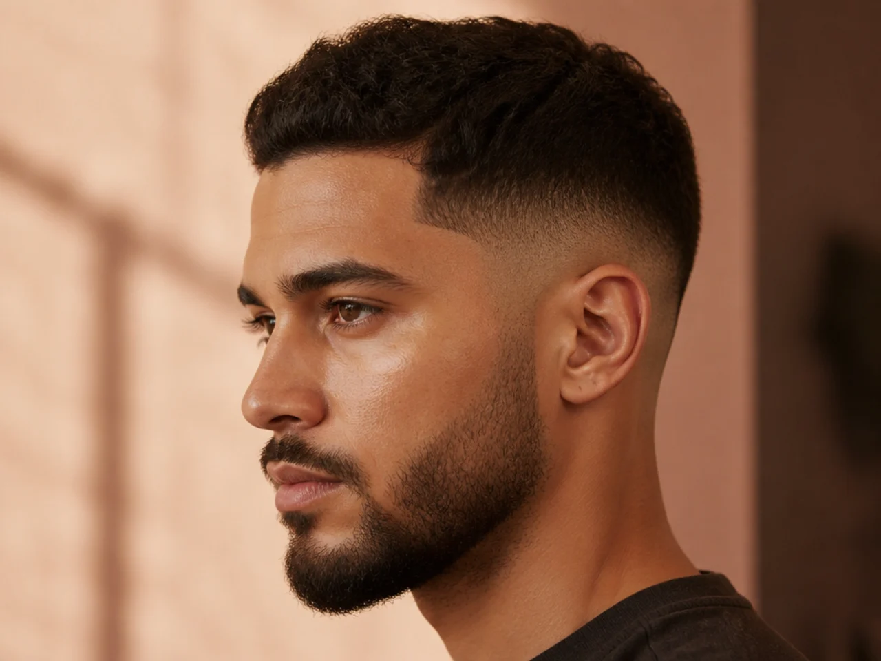 Mid fade blending clean at the temple with two inches of hair on top