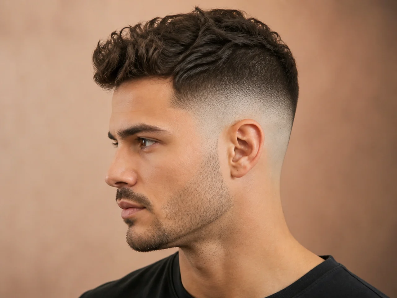 Skin fade dropping to bare skin above the ear and blending into two inches on top