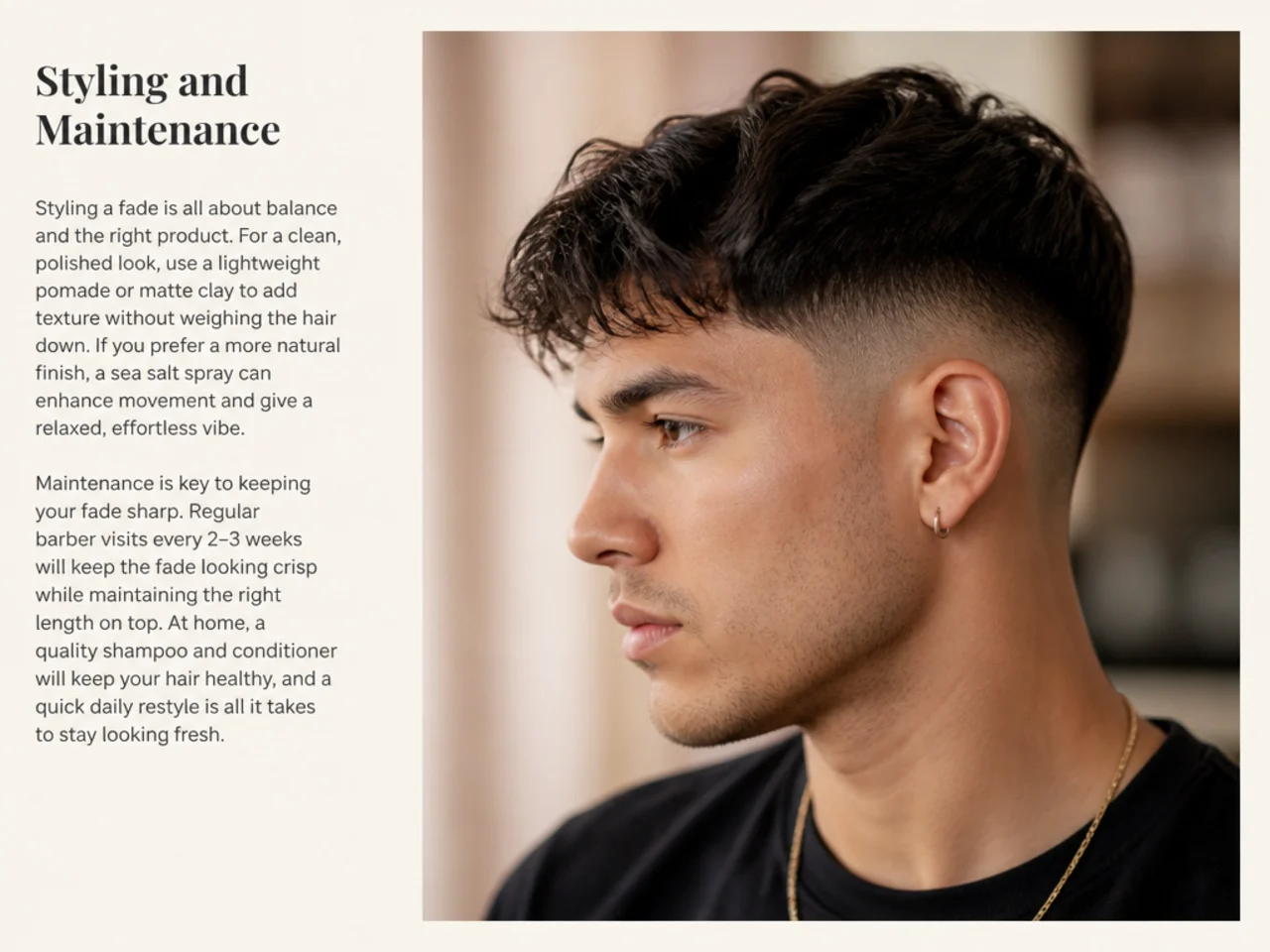 Styling products for a faded haircut arranged on a barbershop counter