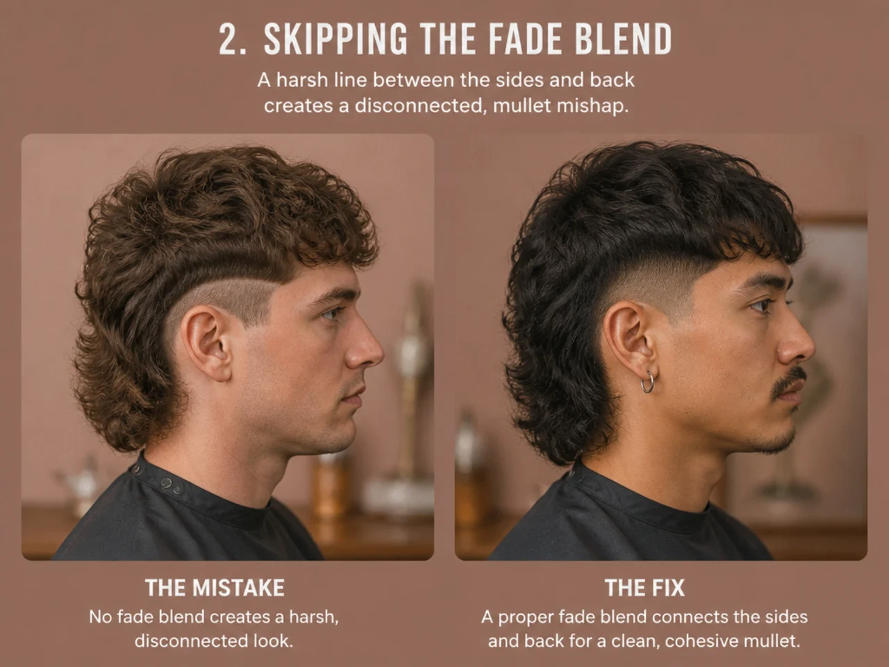 Close-up of a disconnected mullet side sitting above a longer back versus a low taper cleanly blended into the same length