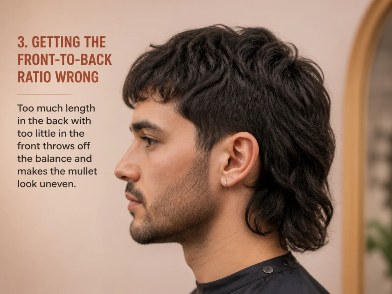 Diagram-style side profile showing correct front-to-back mullet ratio with a shorter top and proportionally longer back