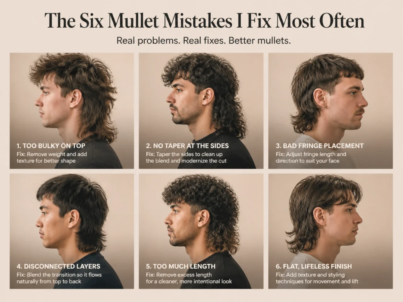 Six numbered vignettes representing the six most common faded mullet mistakes a stylist fixes in the chair