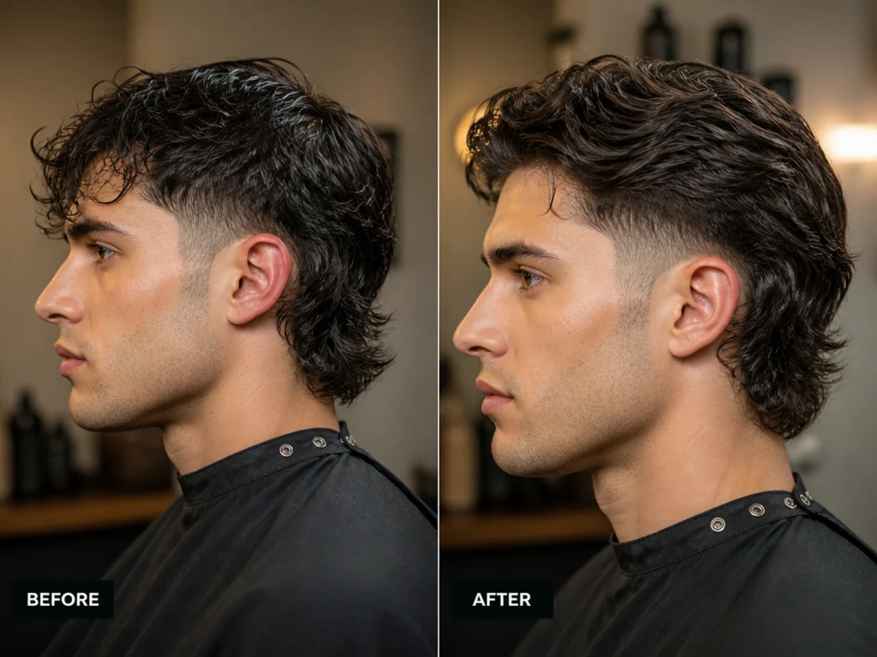 Client showing three saved reference photos on a phone at every recurring stylist appointment for a faded mullet