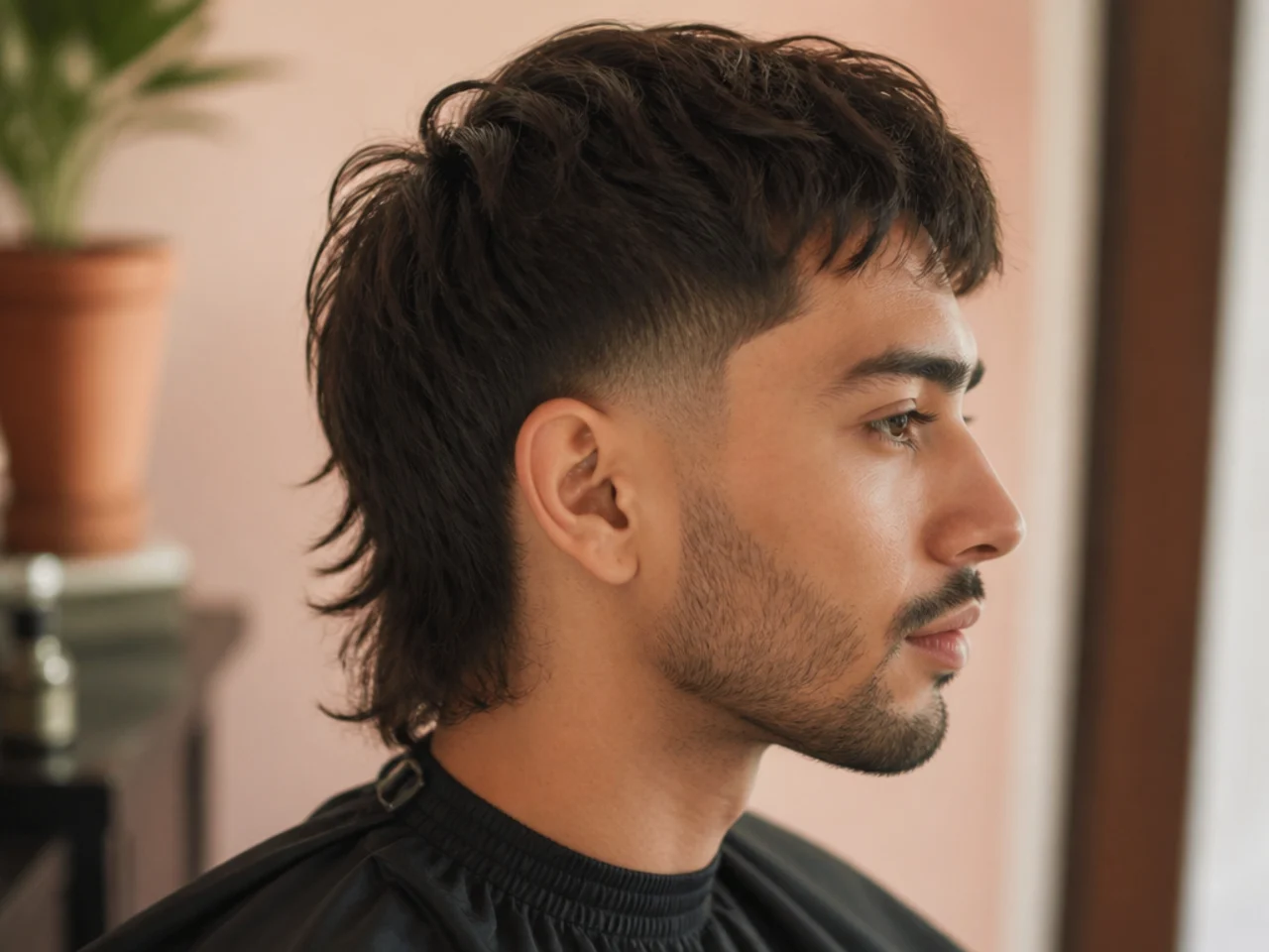 Side profile of a modern faded mullet showing a low taper blending into a two-to-three inch textured back with scissor-cut layers