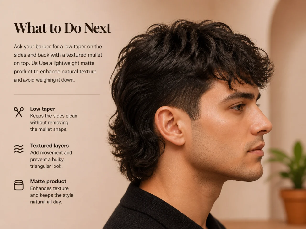 Stylist and client reviewing three reference photos before a faded mullet appointment at a modern salon chair
