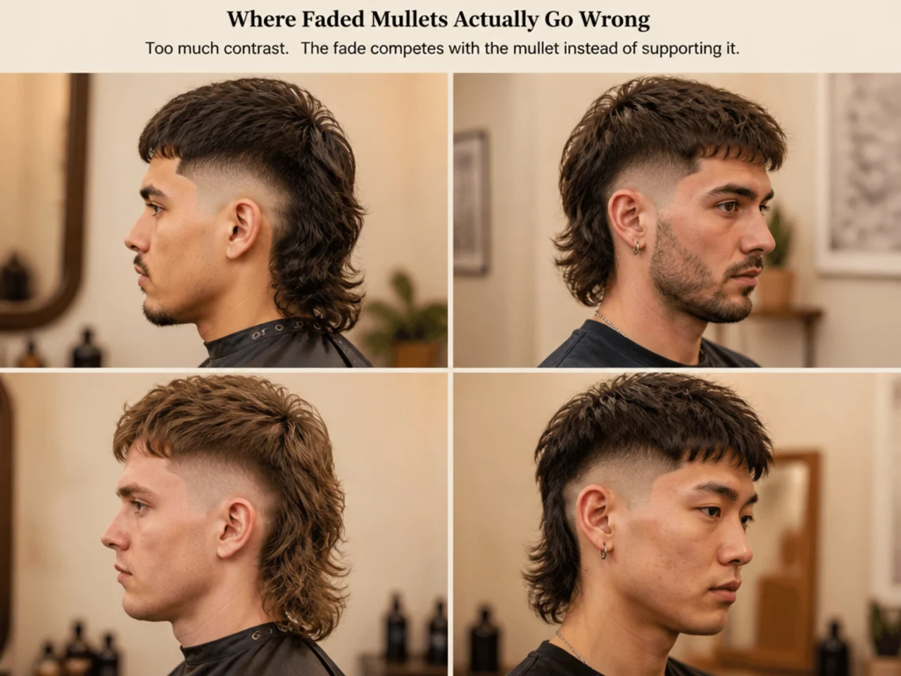 Client mid-consultation showing a faded mullet with a disconnected side and heavy back before a recut in the stylist chair