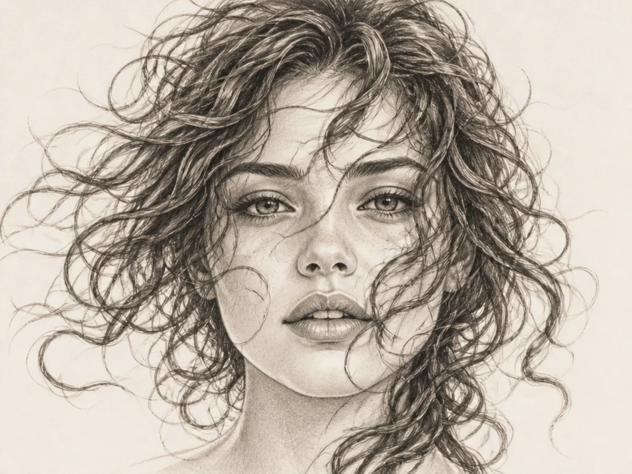 Windblown curly hair framing a face