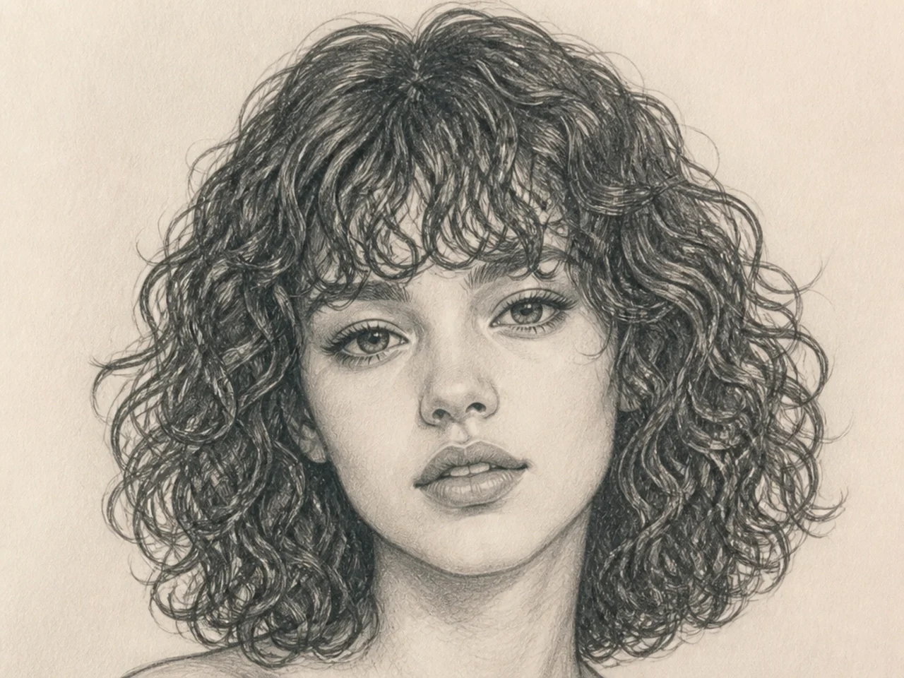 Curly hair drawn with a fringe