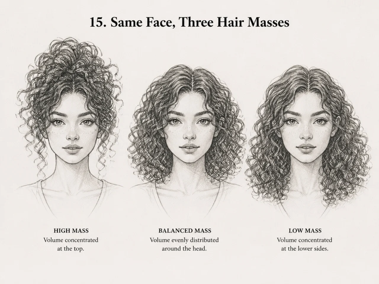 One face drawn with three different hair mass placements