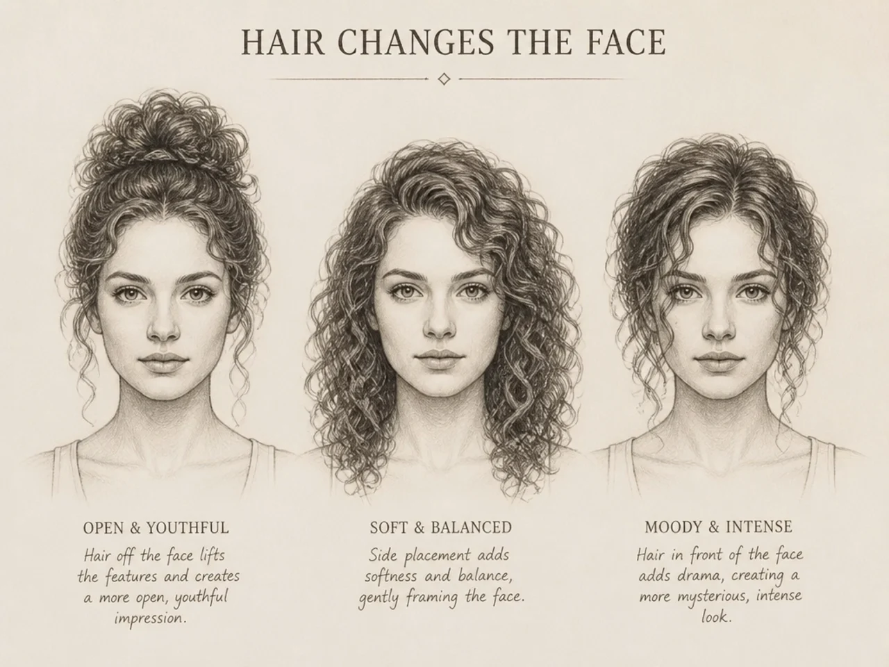 An identical face reading differently under three hair placements