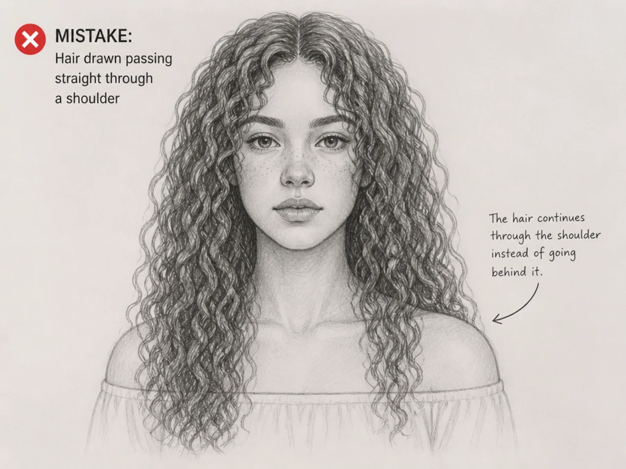 Hair drawn passing straight through a shoulder