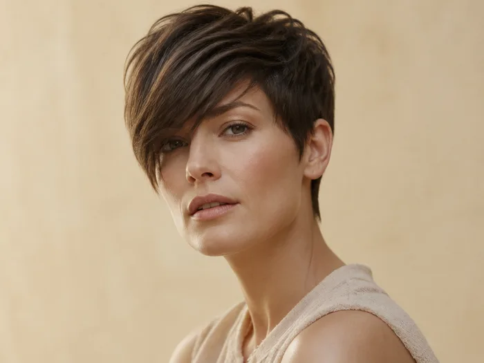 Pixie cut with long side-swept bangs