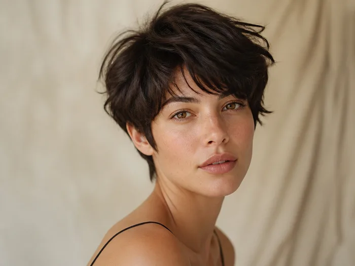 Tousled pixie with piecey texture on thick hair