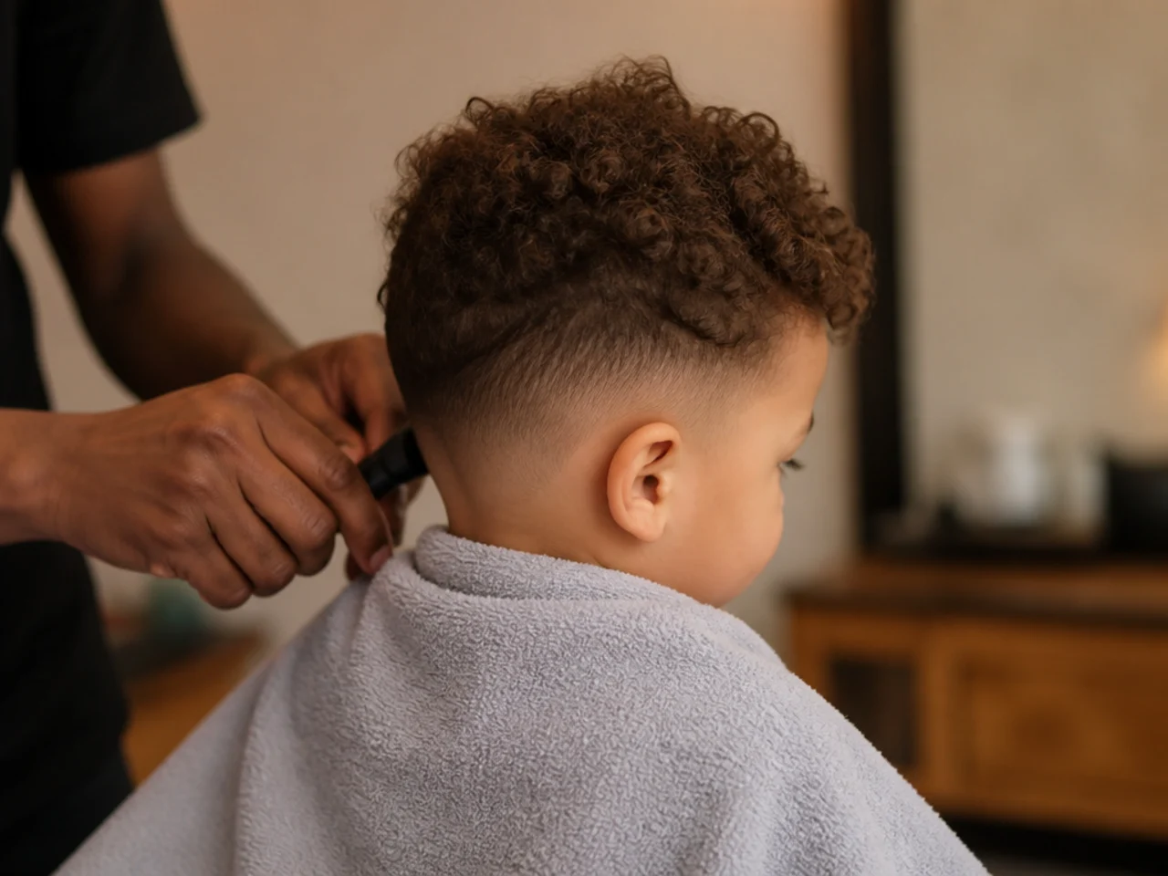 A toddler with a towel over his shoulders having a haircut