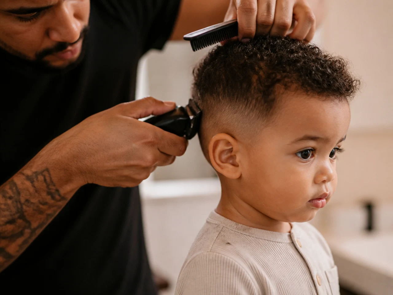A toddler standing while a parent trims his hair