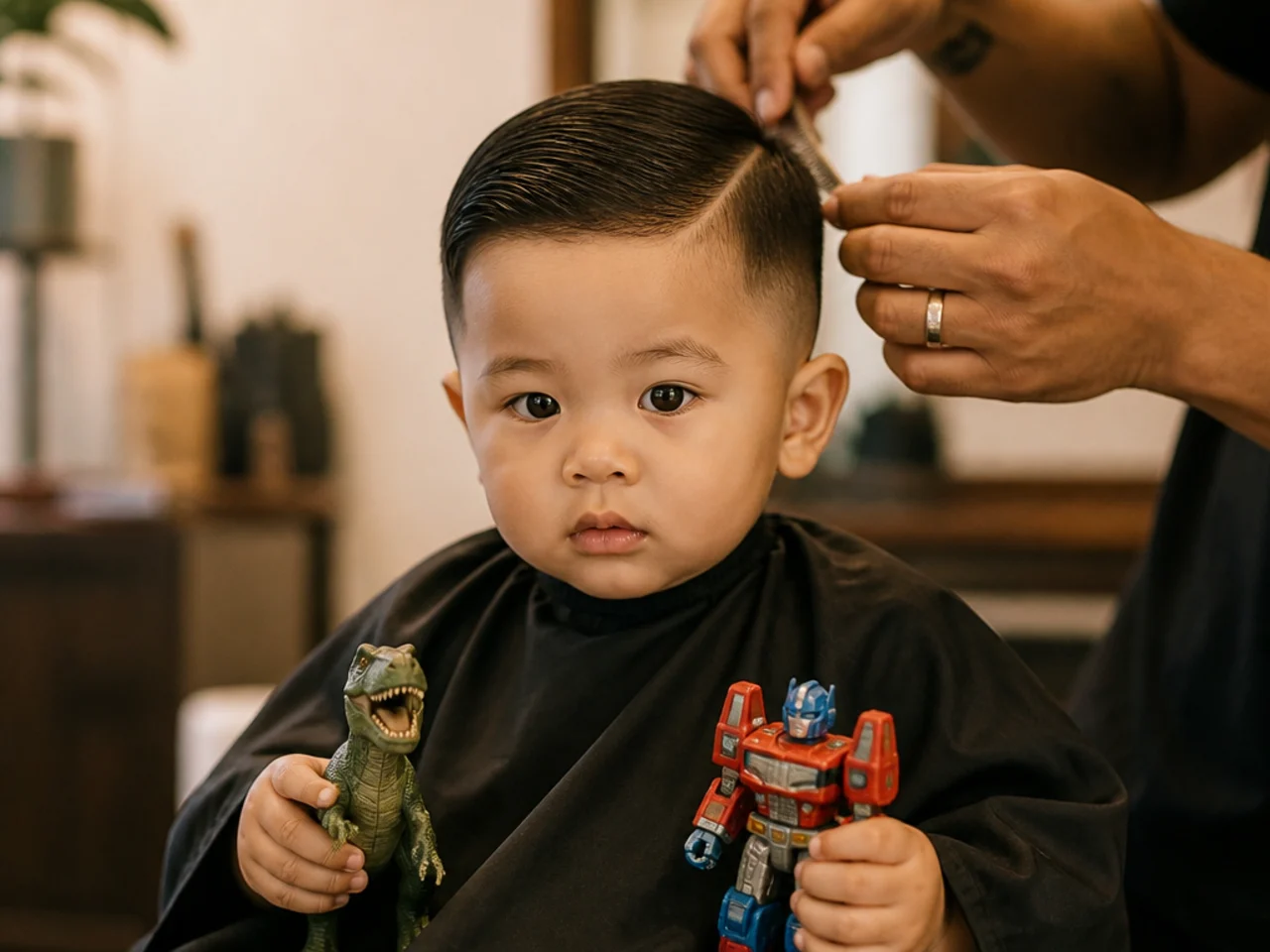 A toddler holding two toys while having his hair cut