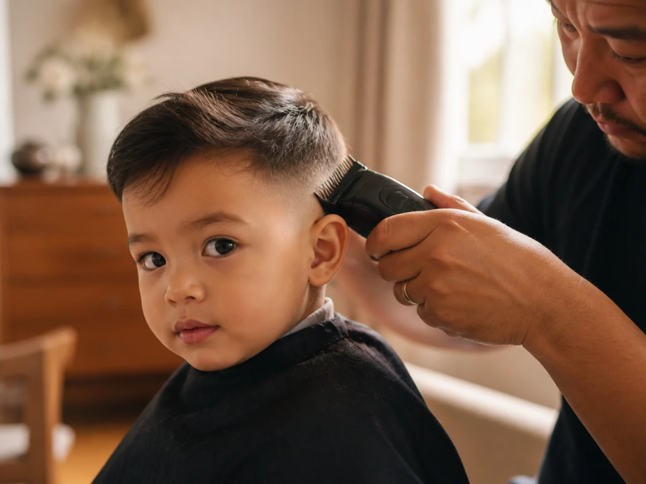 A partially finished toddler haircut being completed at home