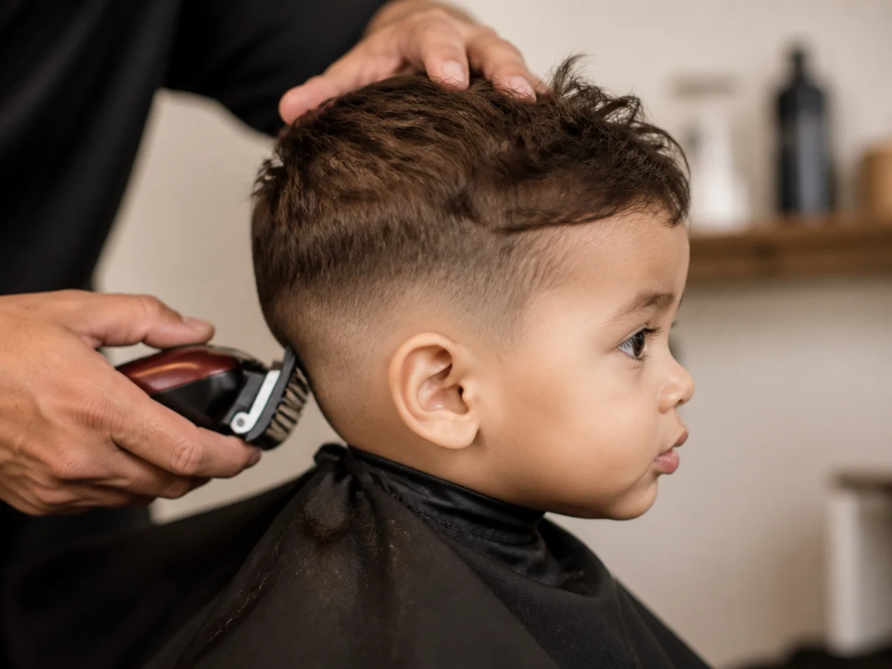 A toddler haircut half completed at home