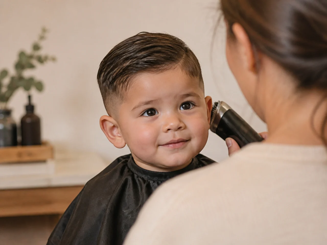 A toddler facing a parent during a first haircut