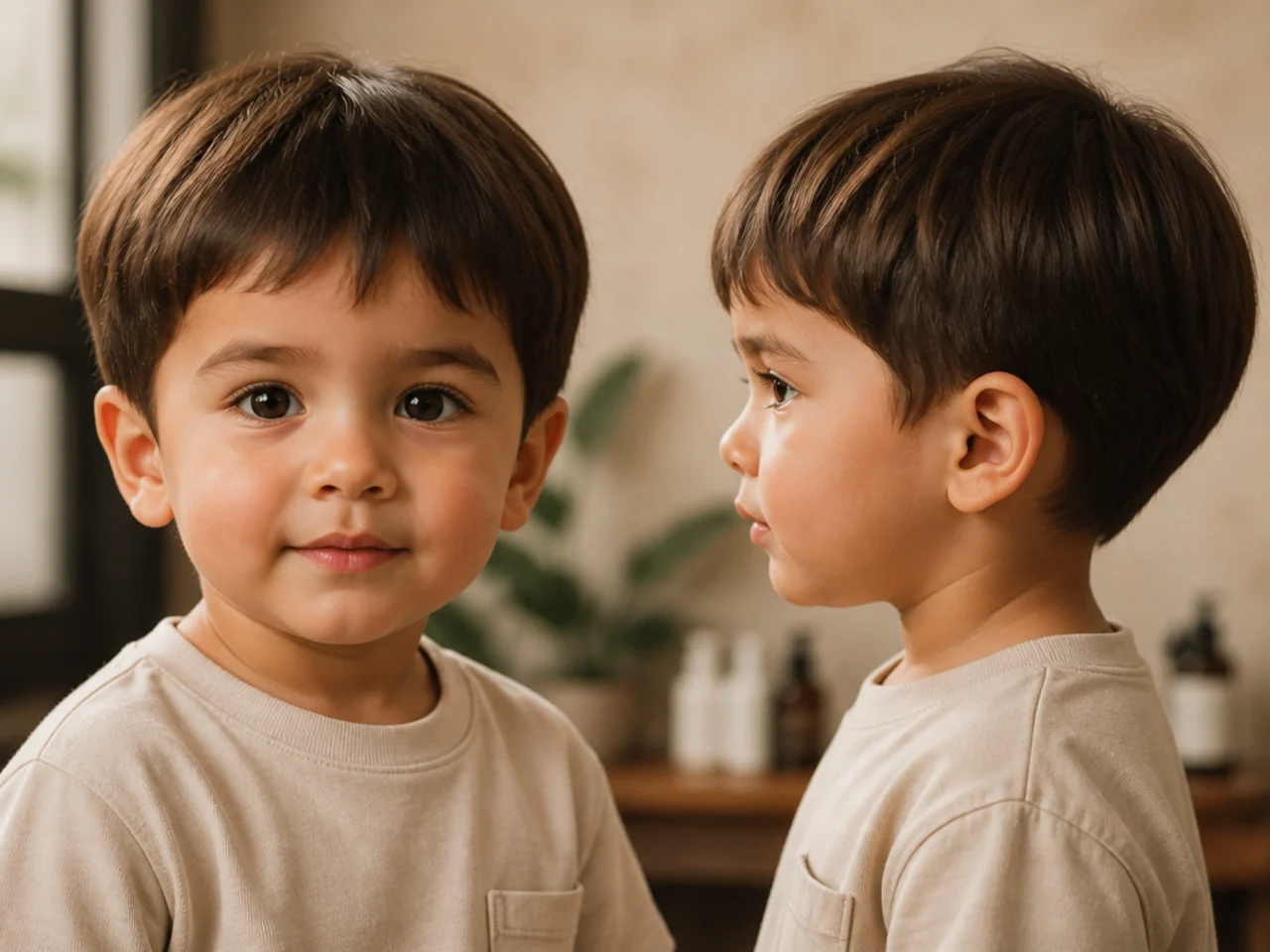 A toddler with a one length haircut left slightly long