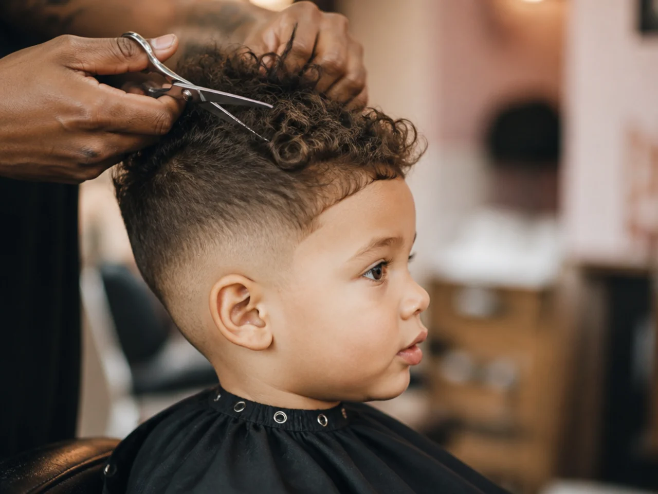 A toddler in a barber chair having a scissor cut