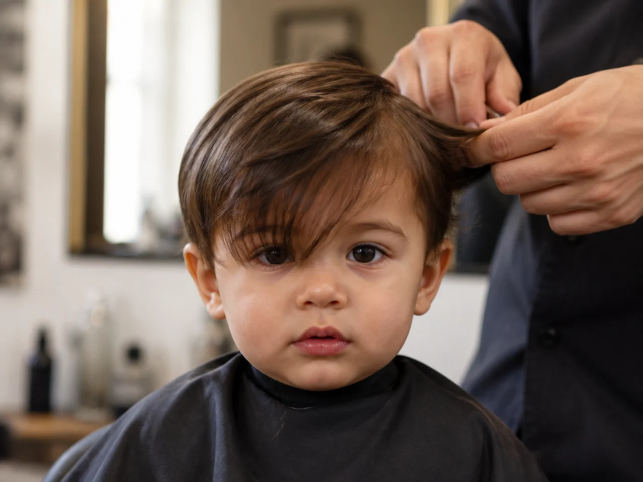 A short trim taken from the hair falling over a toddler's eyes
