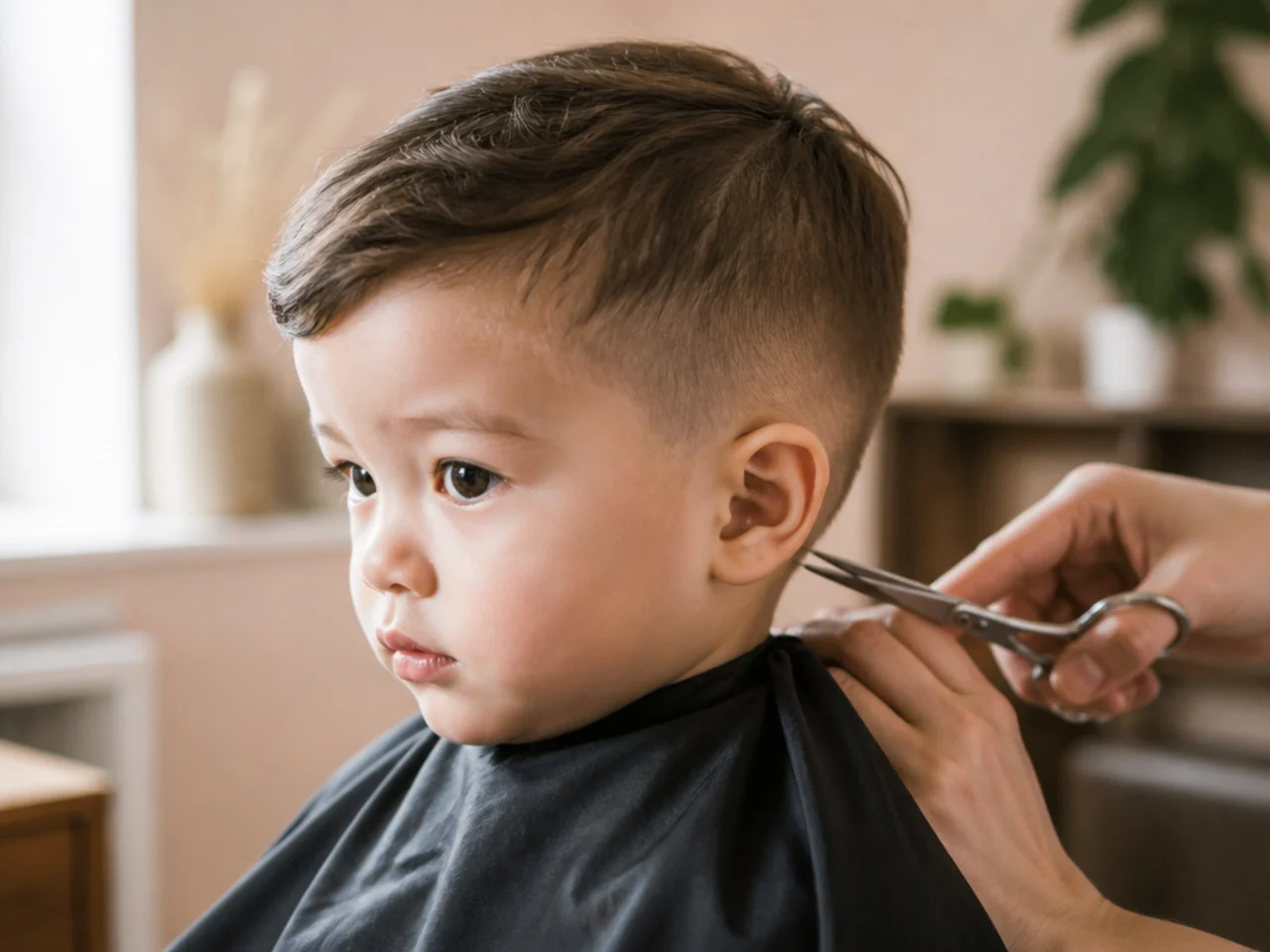 Scissors trimming the wispy hair at a toddler's nape