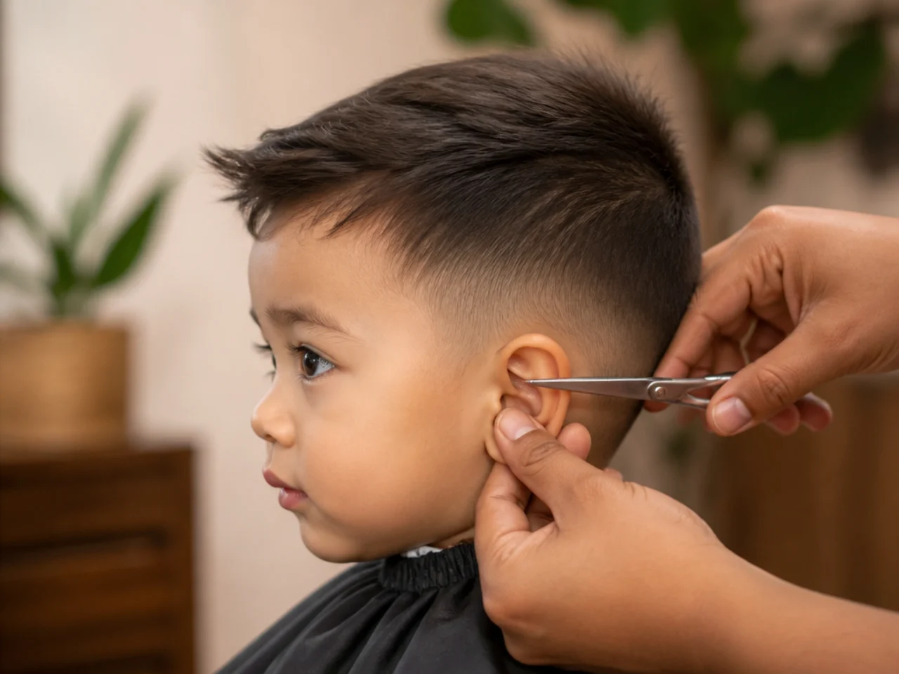 Hair being trimmed around a toddler's ear with scissors